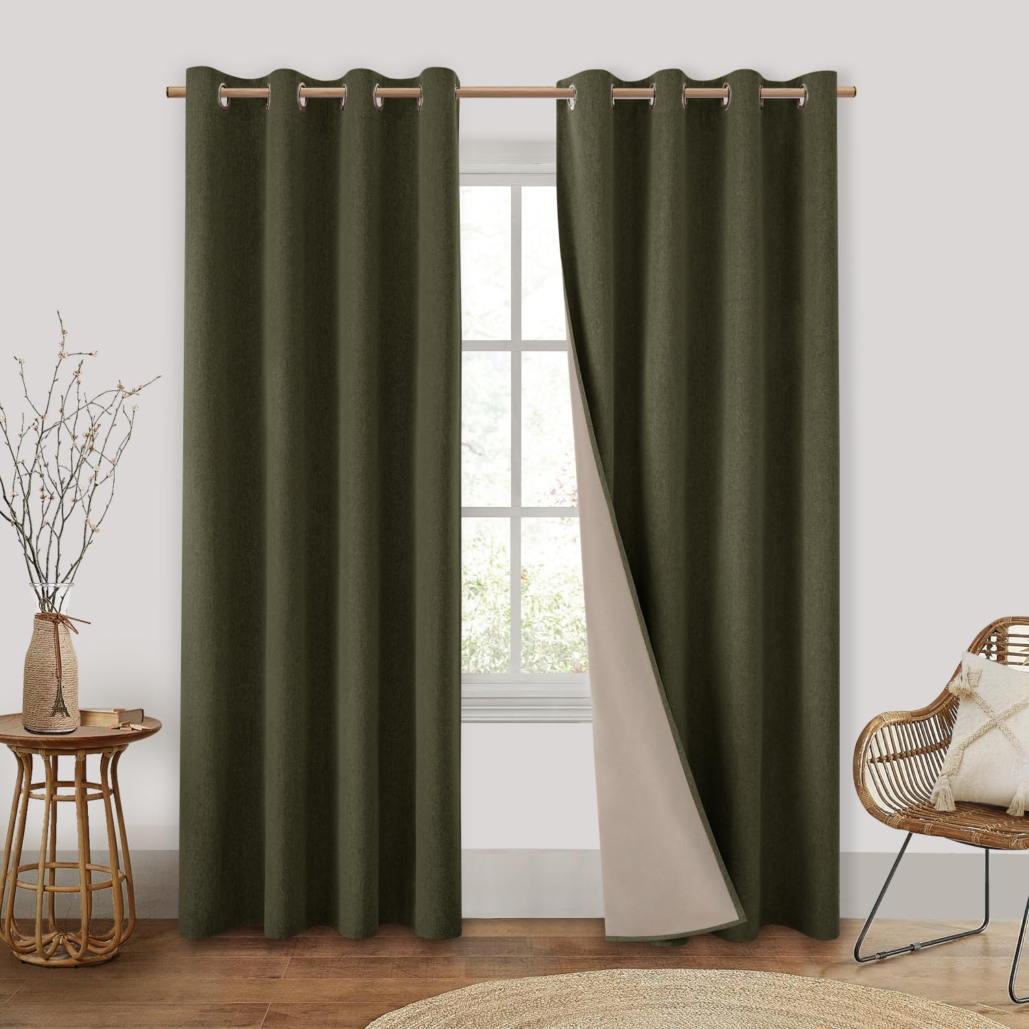 HOMEIDEAS Olive Green 100% Blackout Curtains, 2 Panels Faux Linen Curtains Room Darkening Curtains 52 X 84 Inches Thermal Insula